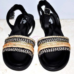 Rocket Dog Strappy Black Tan & Gold Slingback Buckle Up Flat Sandals Size 10M